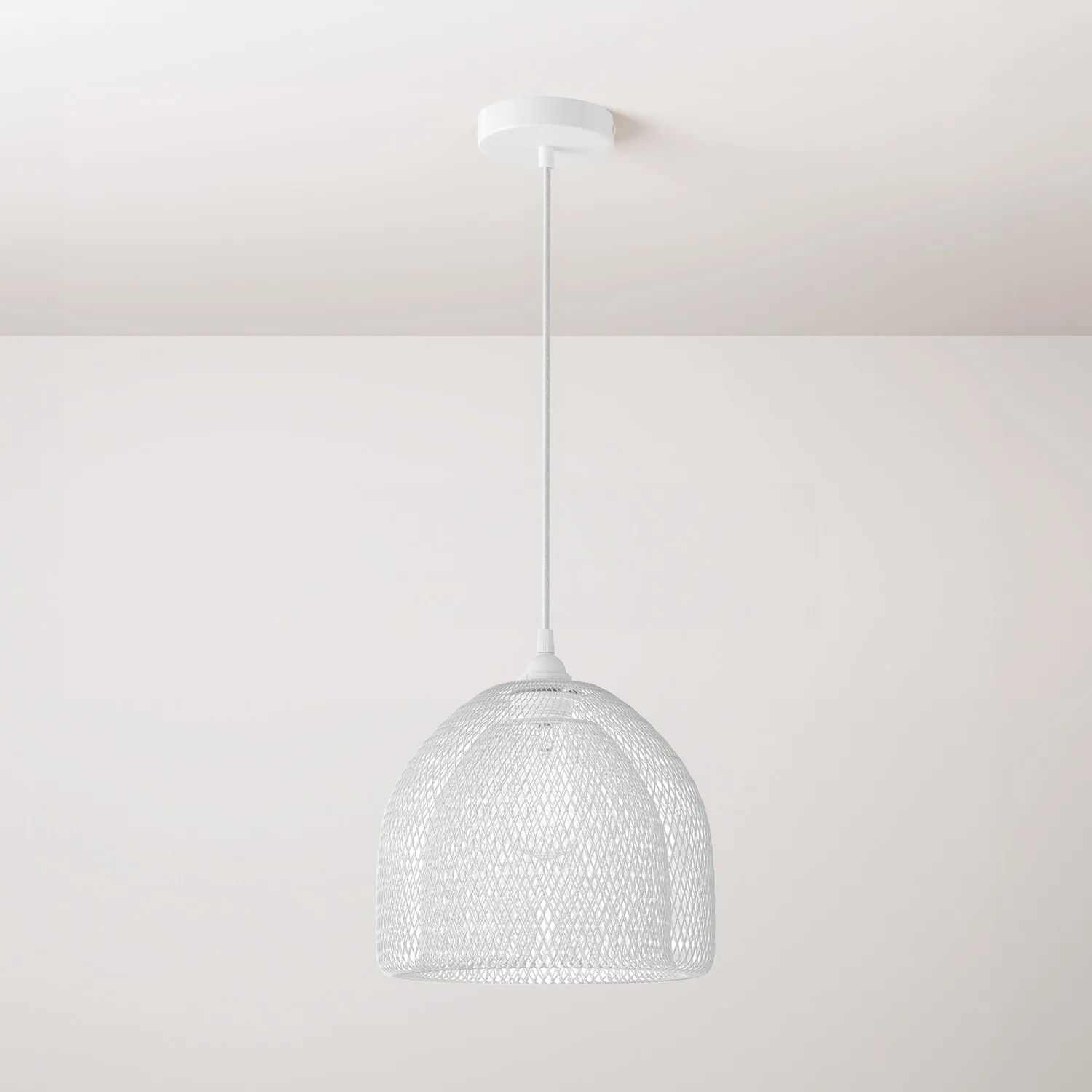 Lampada a sospensione completa di cavo tessile, paralume gabbia Ghostbell XL e finiture in metallo - Bianco