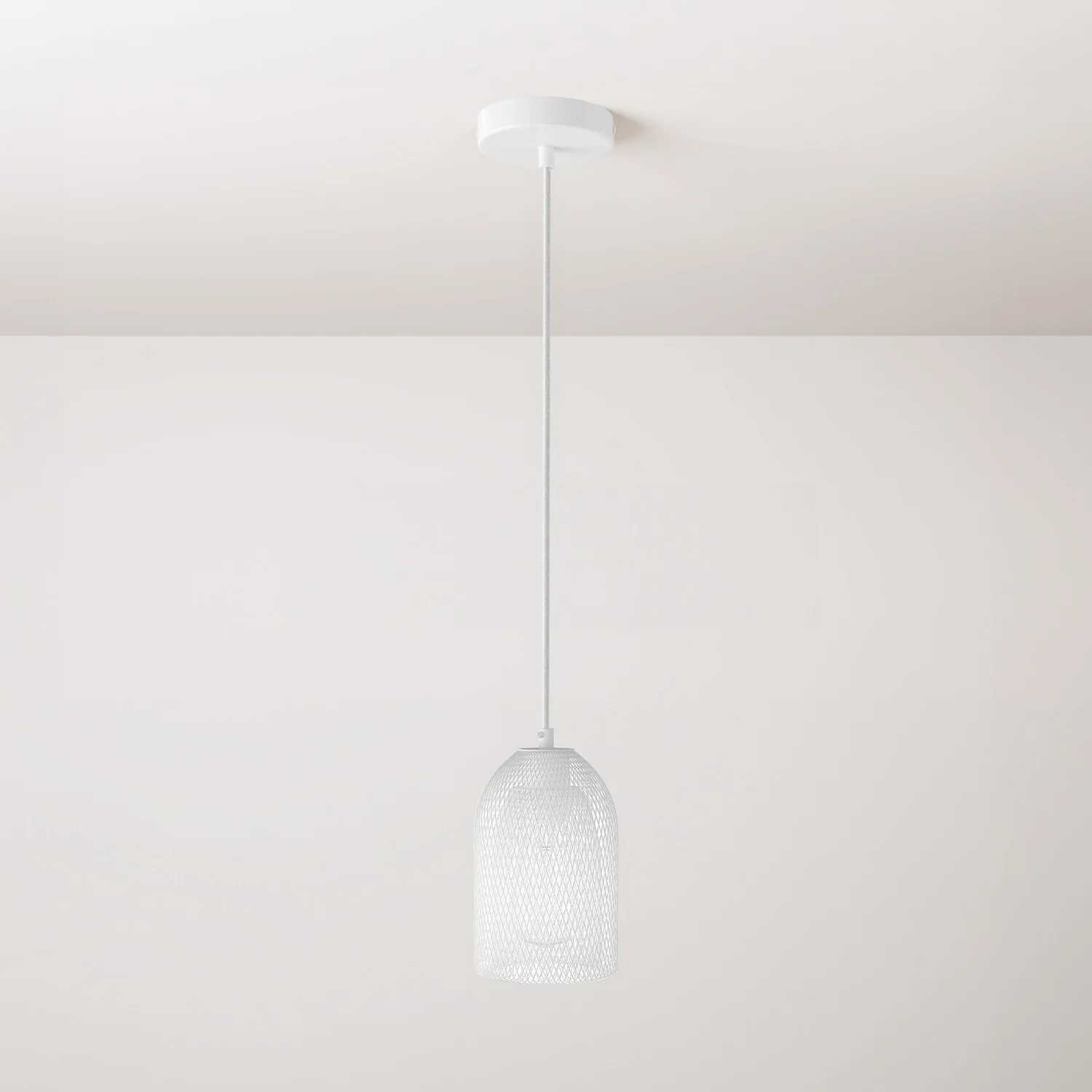 Lampada a sospensione completa di cavo tessile, paralume Ghostbell e finiture in metallo - Bianco