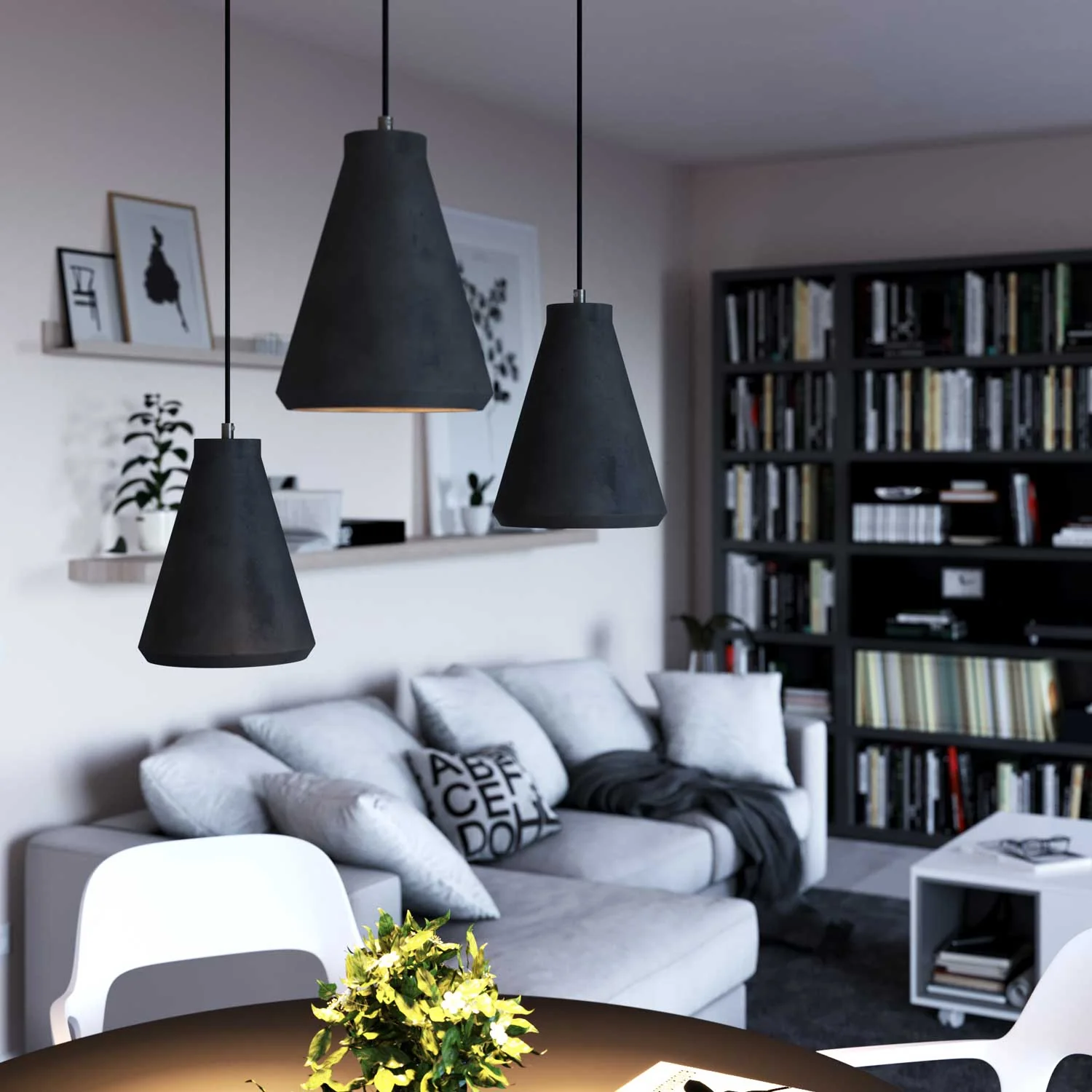 Lampada a sospensione completa di cavo tessile, paralume Imbuto in cemento e finiture in metallo - Cemento scuro - Image 3