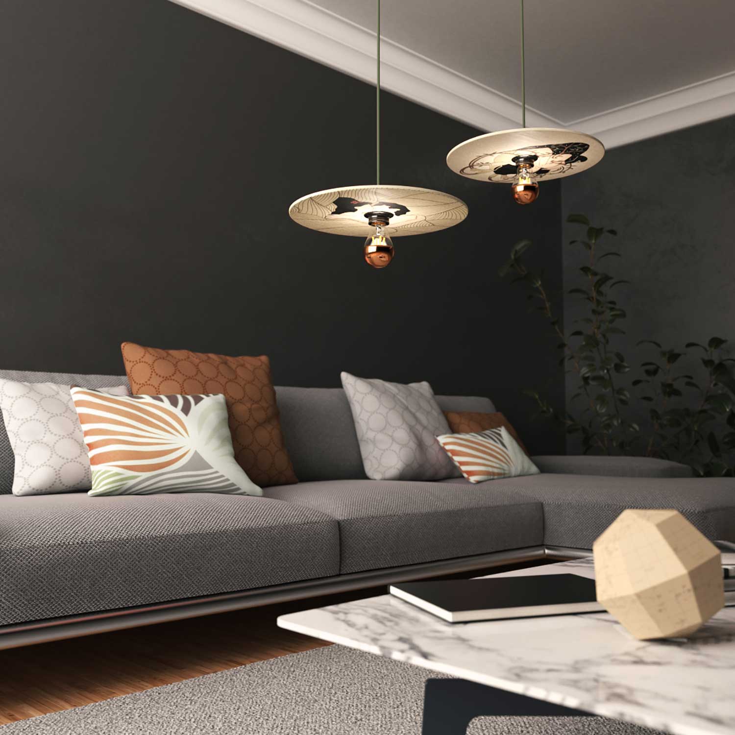 Lampada a sospensione completa di cavo tessile, paralume in legno UFO double-face e finiture in metallo - Carolina Zuniga - Image 3