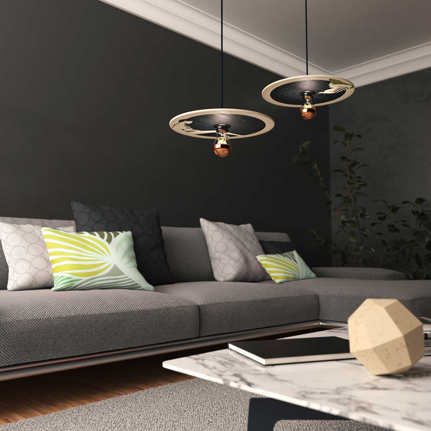 Lampada a sospensione completa di cavo tessile, paralume in legno UFO double-face e finiture in metallo - Chiara Fucà - Image 3