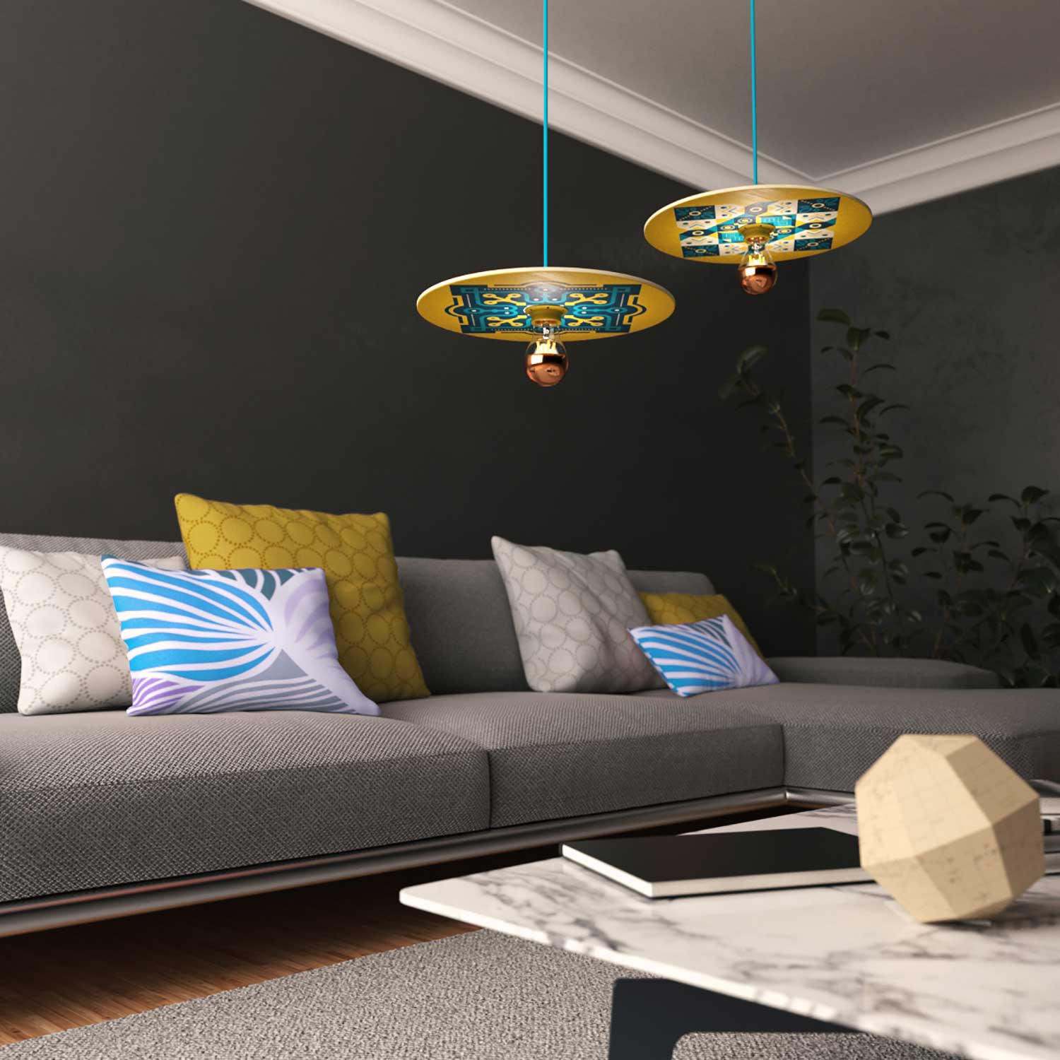 Lampada a sospensione completa di cavo tessile, paralume in legno UFO double-face e finiture in metallo - ODD - Image 4