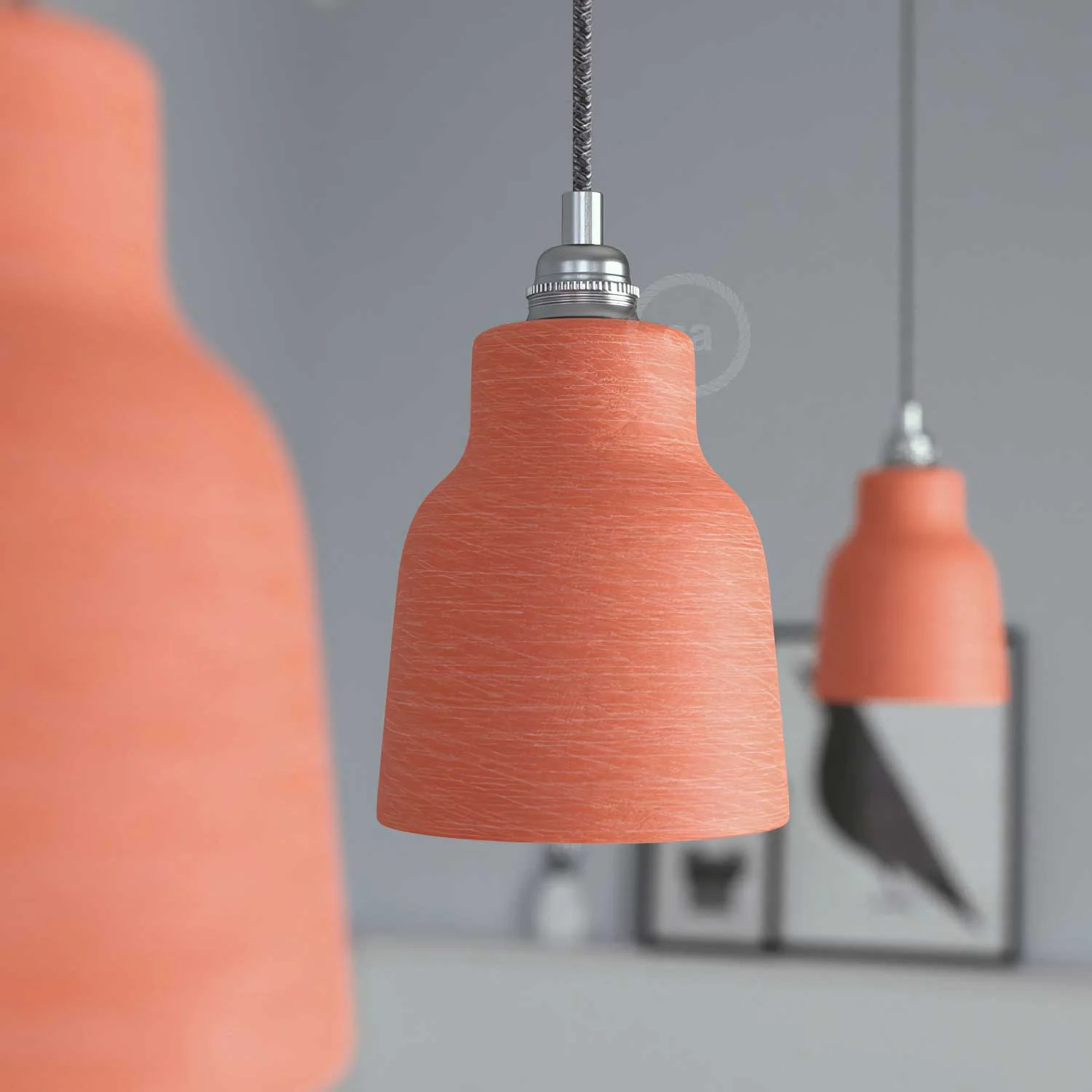Lampada a sospensione completa di cavo tessile, paralume Vaso in ceramica e finiture in metallo - Corallo striato - Image 3