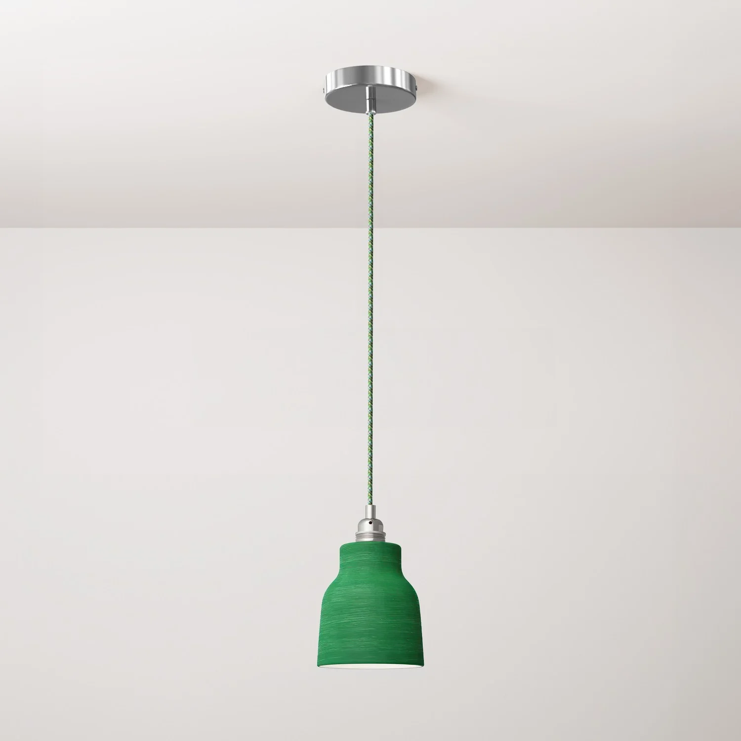 Lampada a sospensione completa di cavo tessile, paralume Vaso in ceramica e finiture in metallo - Evergreen striato