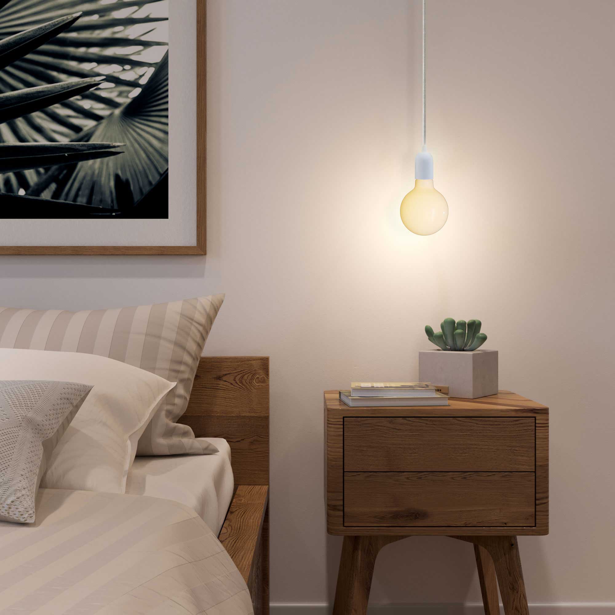 Lampada a sospensione completa di cavo tessile, rosone e portalampada semisferici in metallo - Bianco - Image 3