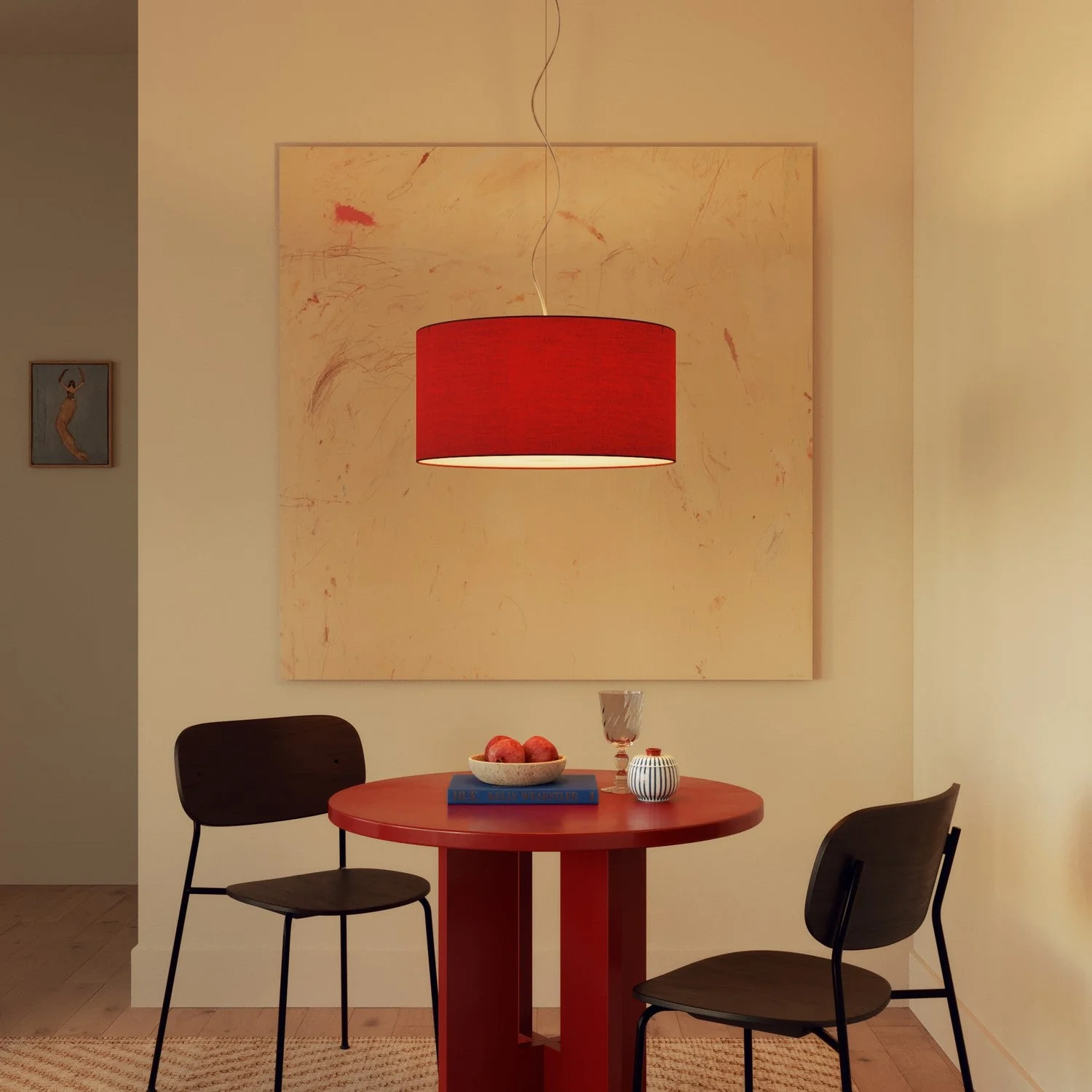 Lampada a sospensione con paralume in tessuto Cilindro Medium Teletta rosso - Made in Italy - Image 2