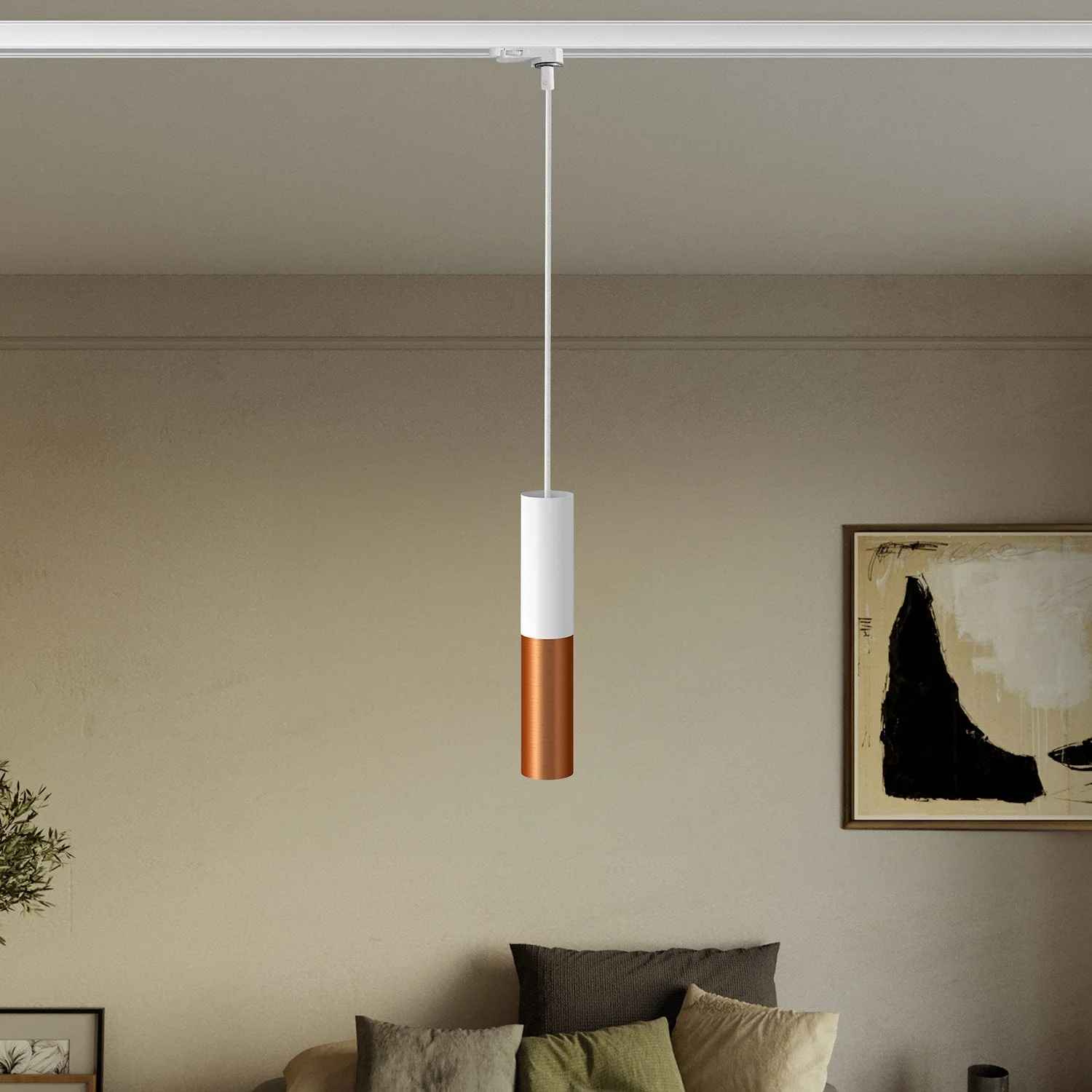 Lampada a sospensione per binari con doppio paralume Tub-E14 - Bianco e Rame satinato - Image 2