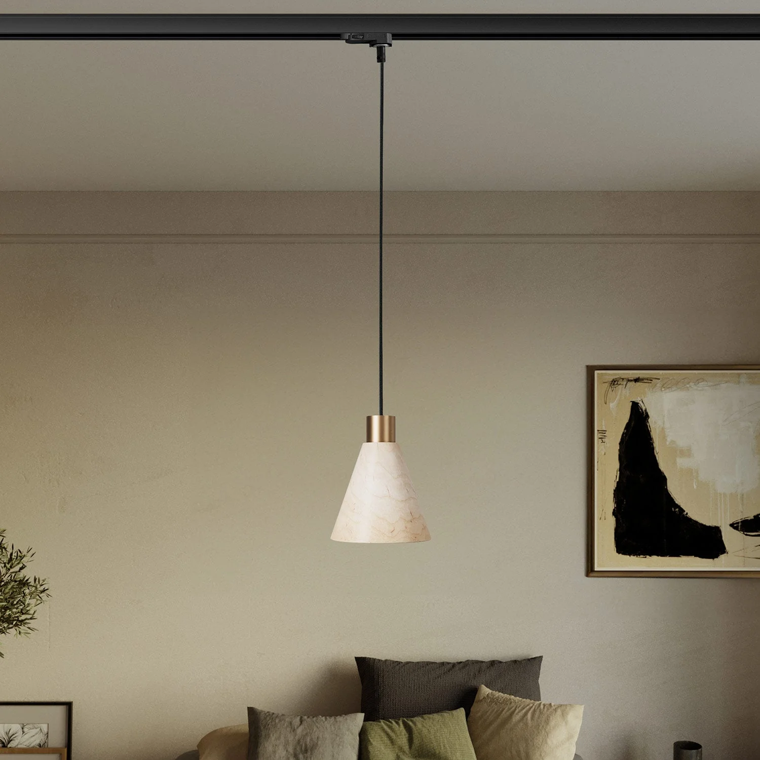 Lampada a sospensione per binari con paralume conico in legno - Bronzo satinato - Image 2