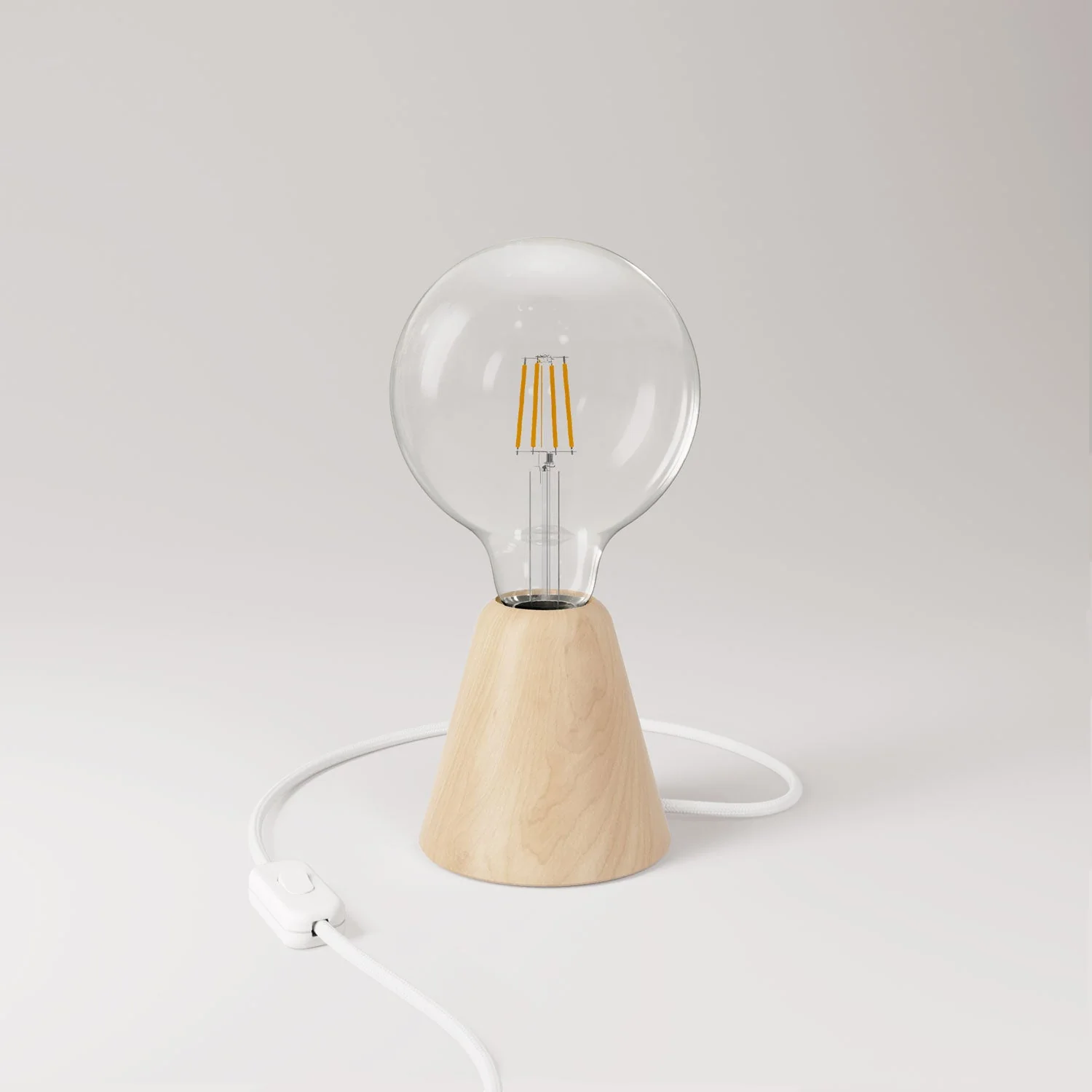 Lampada da tavolo con base in ontano, lampadina trasparente, cavo RM01 e spina UK