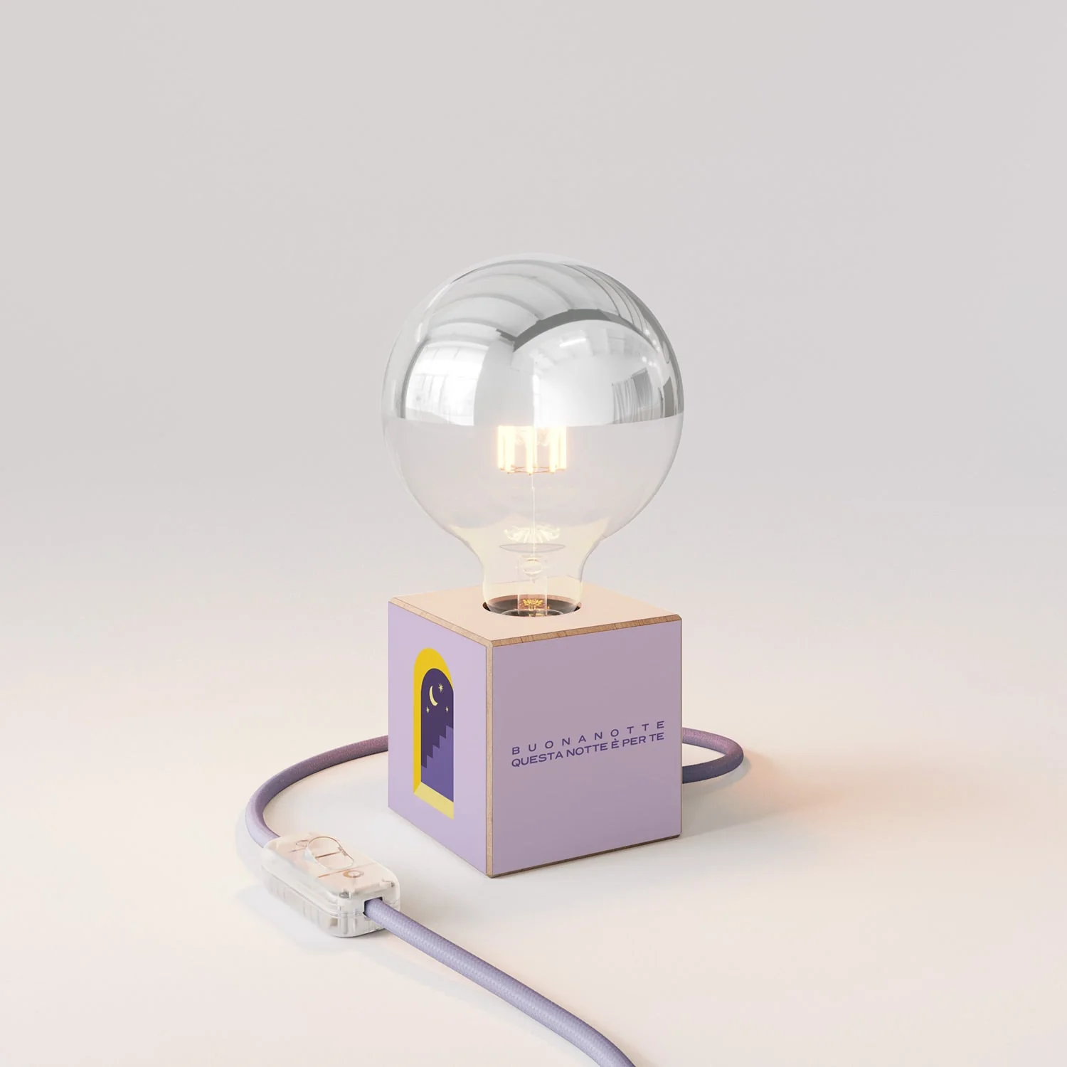 Lampada da tavolo Cubetto "Buonanotte fiorellino" con lampadina globo mezza sfera argento - Santomanifesto