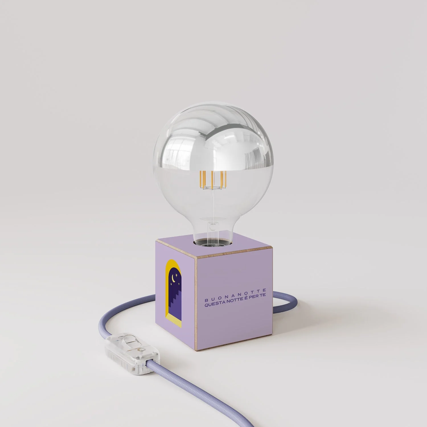 Lampada da tavolo Cubetto "Buonanotte fiorellino" con lampadina globo mezza sfera argento - Santomanifesto - Image 3