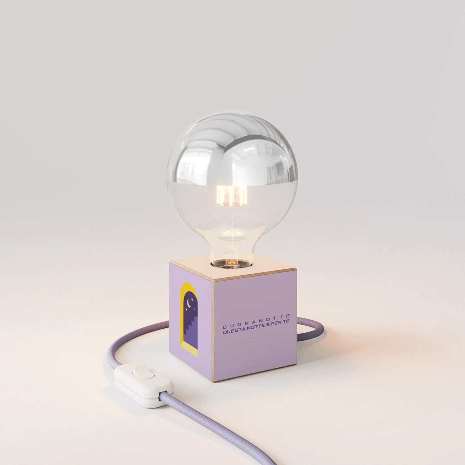 Lampada da tavolo Cubetto "Buonanotte fiorellino" con spina inglese e lampadina globo mezza sfera argento - Santomanifesto