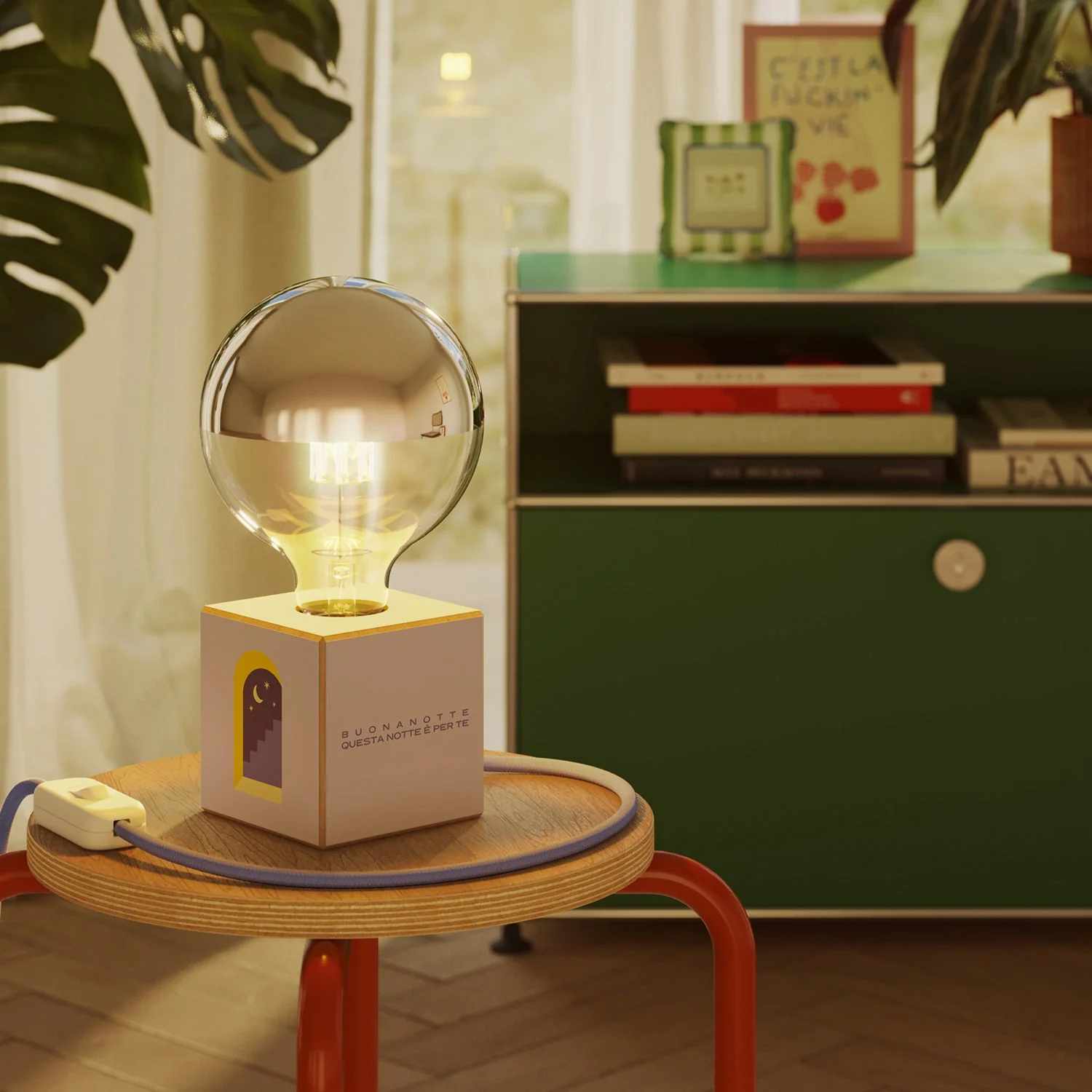 Lampada da tavolo Cubetto "Buonanotte fiorellino" con spina inglese e lampadina globo mezza sfera argento - Santomanifesto - Image 2