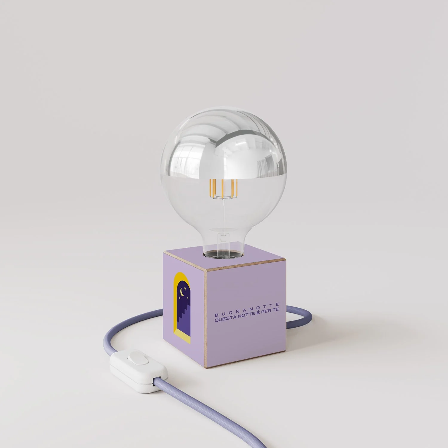 Lampada da tavolo Cubetto "Buonanotte fiorellino" con spina inglese e lampadina globo mezza sfera argento - Santomanifesto - Image 3
