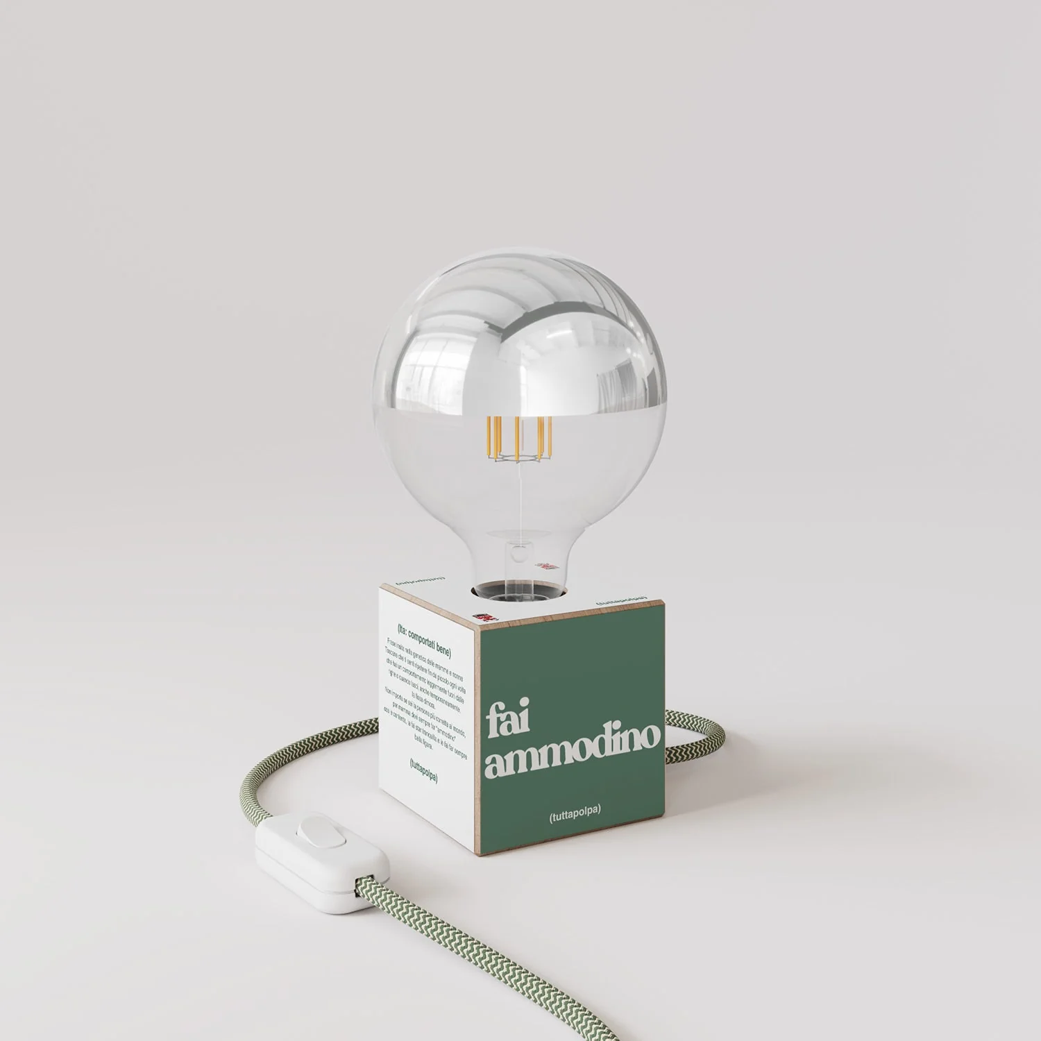 Lampada da tavolo Cubetto "Fai ammodino" con lampadina globo mezza sfera argento - Tuttapolpa - Image 3