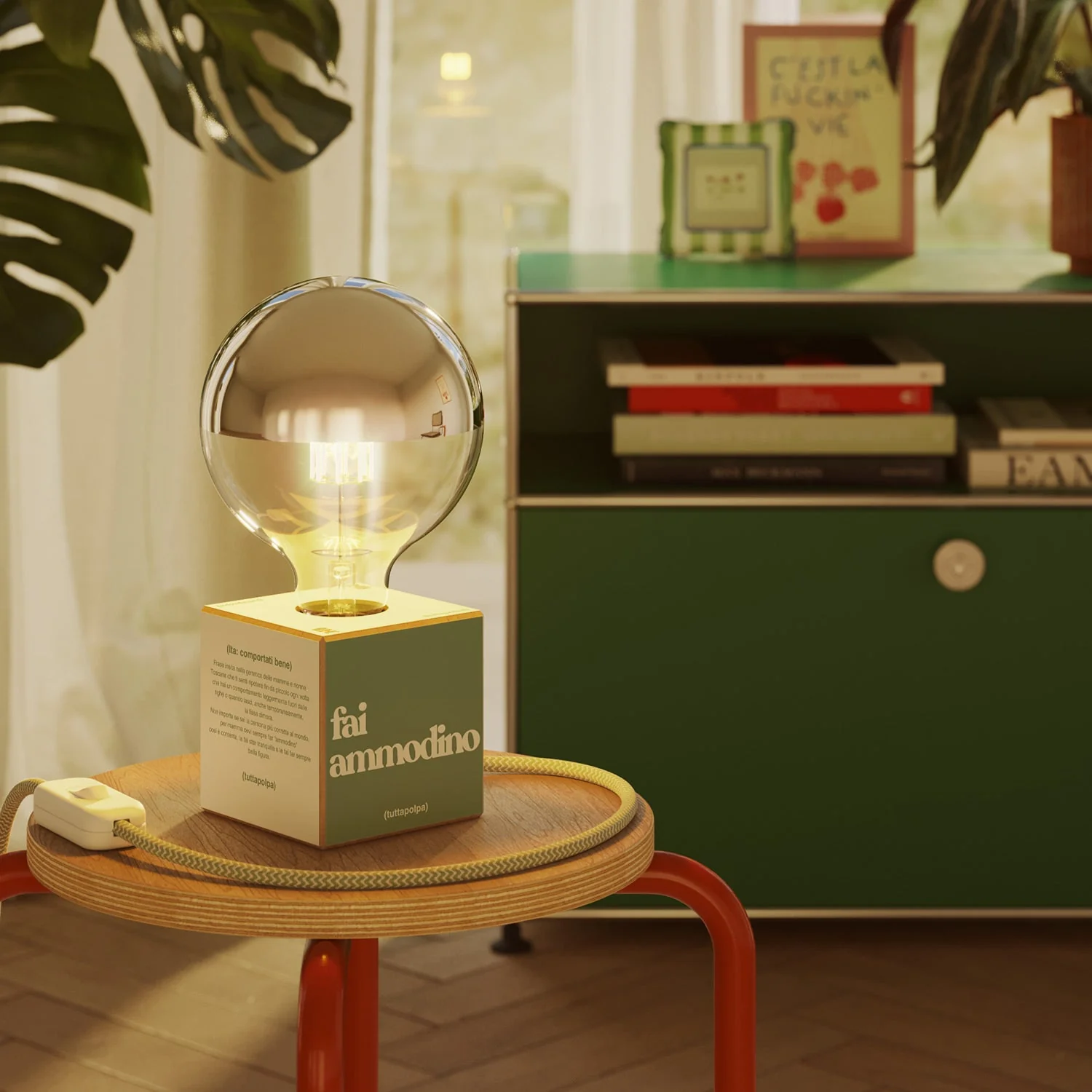 Lampada da tavolo Cubetto "Fai ammodino" con spina inglese e lampadina globo mezza sfera argento - Tuttapolpa - Image 2