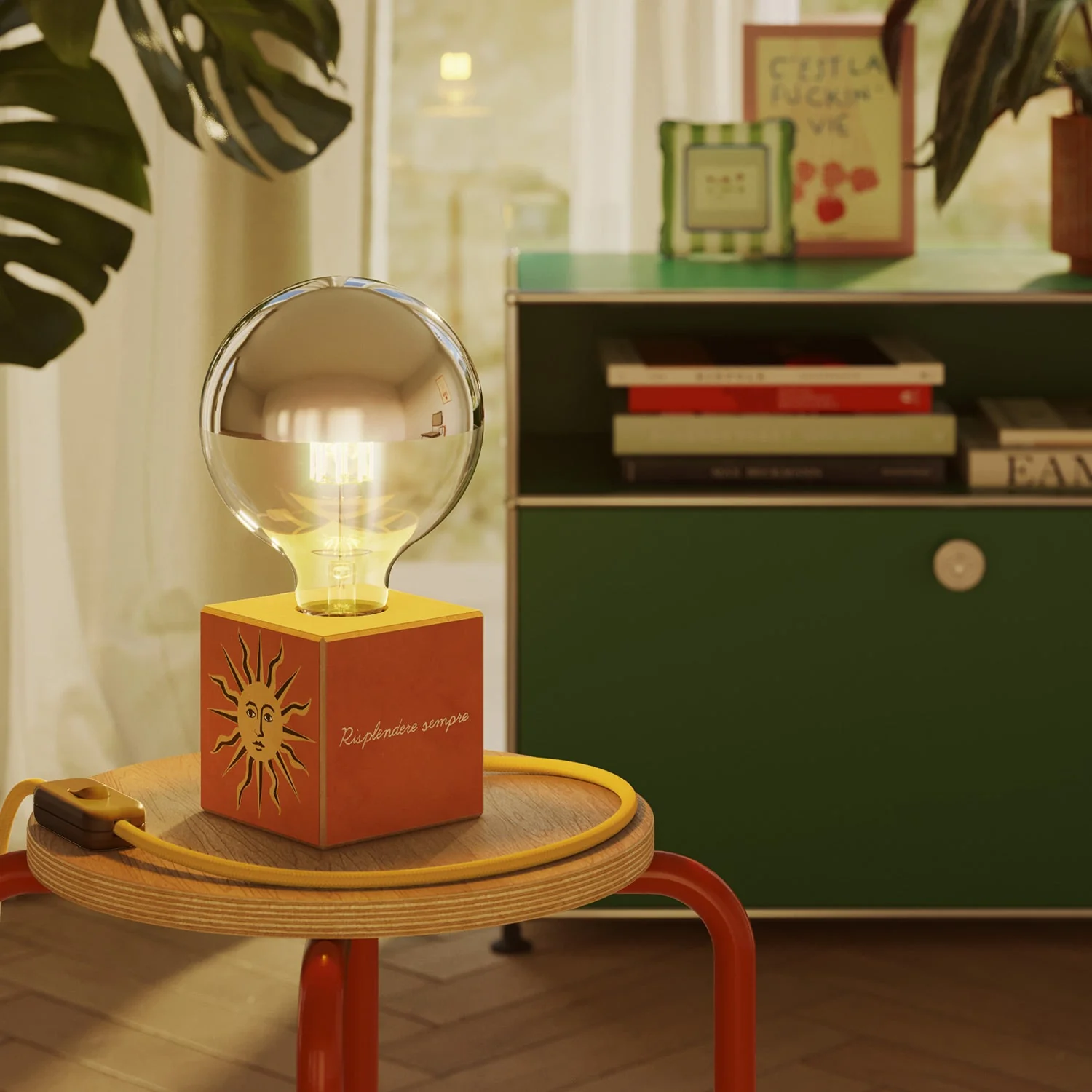 Lampada da tavolo Cubetto "Il sole" con spina inglese e lampadina globo mezza sfera argento - Santomanifesto - Image 2