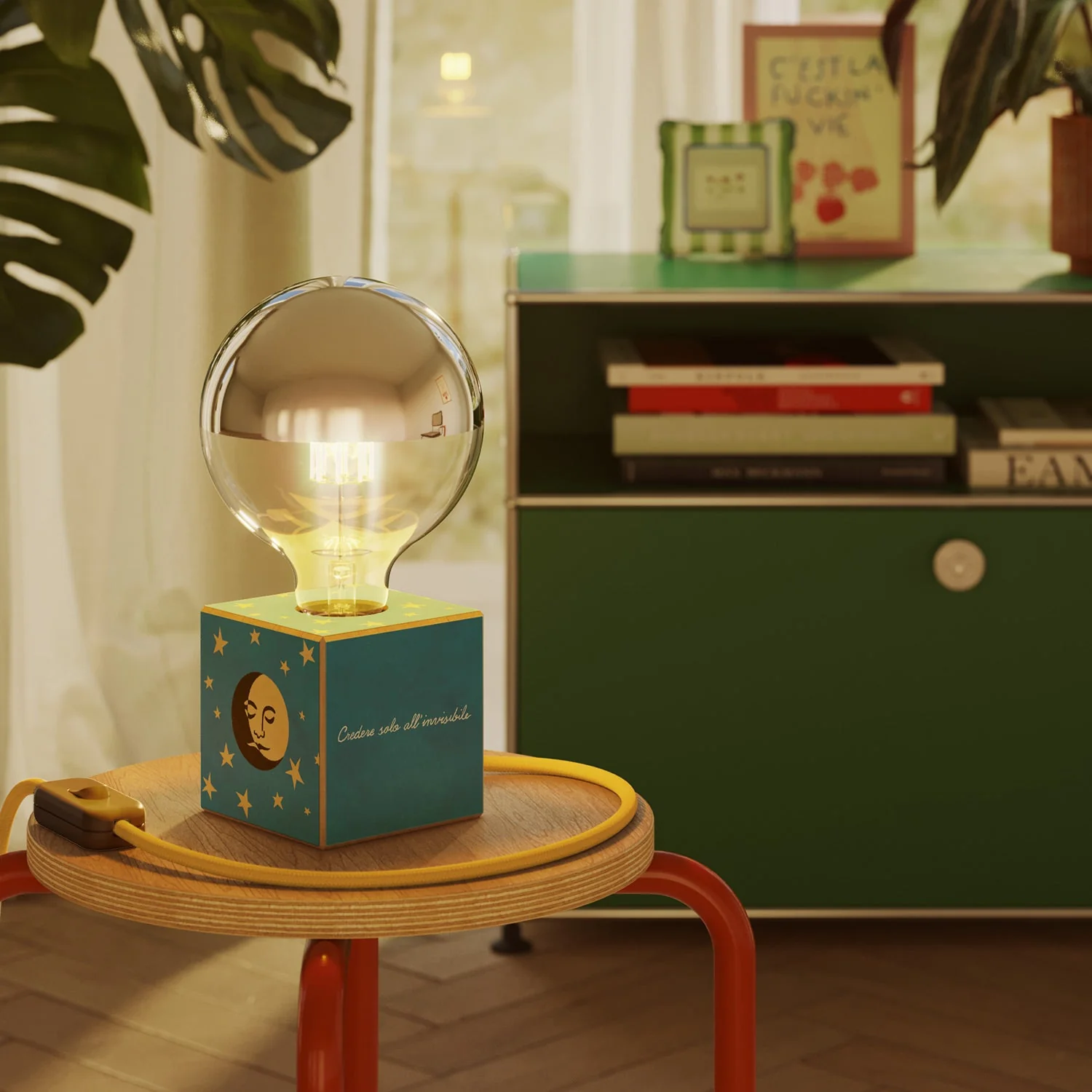 Lampada da tavolo Cubetto "La luna" con spina inglese e lampadina globo mezza sfera argento - Santomanifesto - Image 2