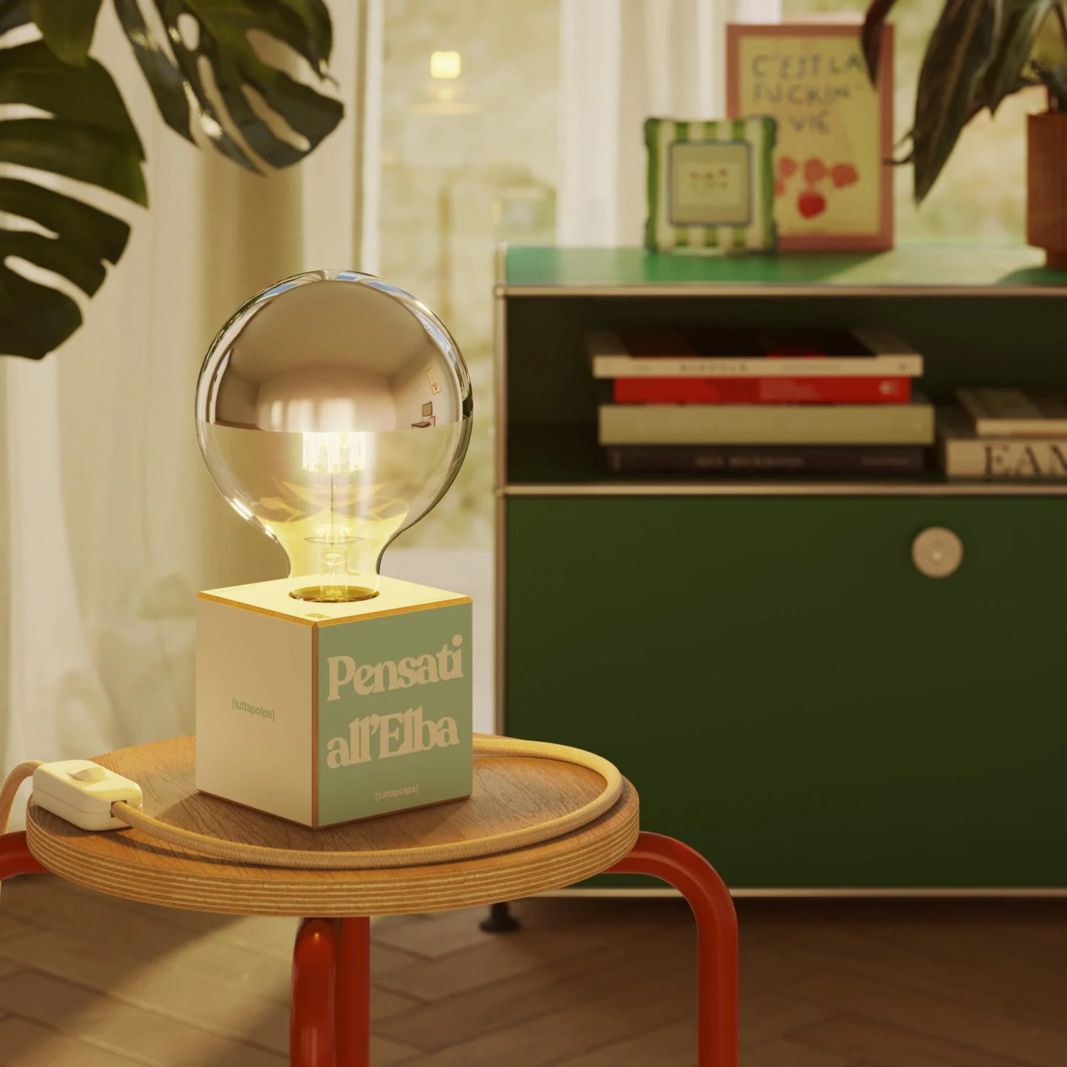 Lampada da tavolo Cubetto "Pensati all’Elba" con spina inglese e lampadina globo mezza sfera argento - Tuttapolpa - Image 2