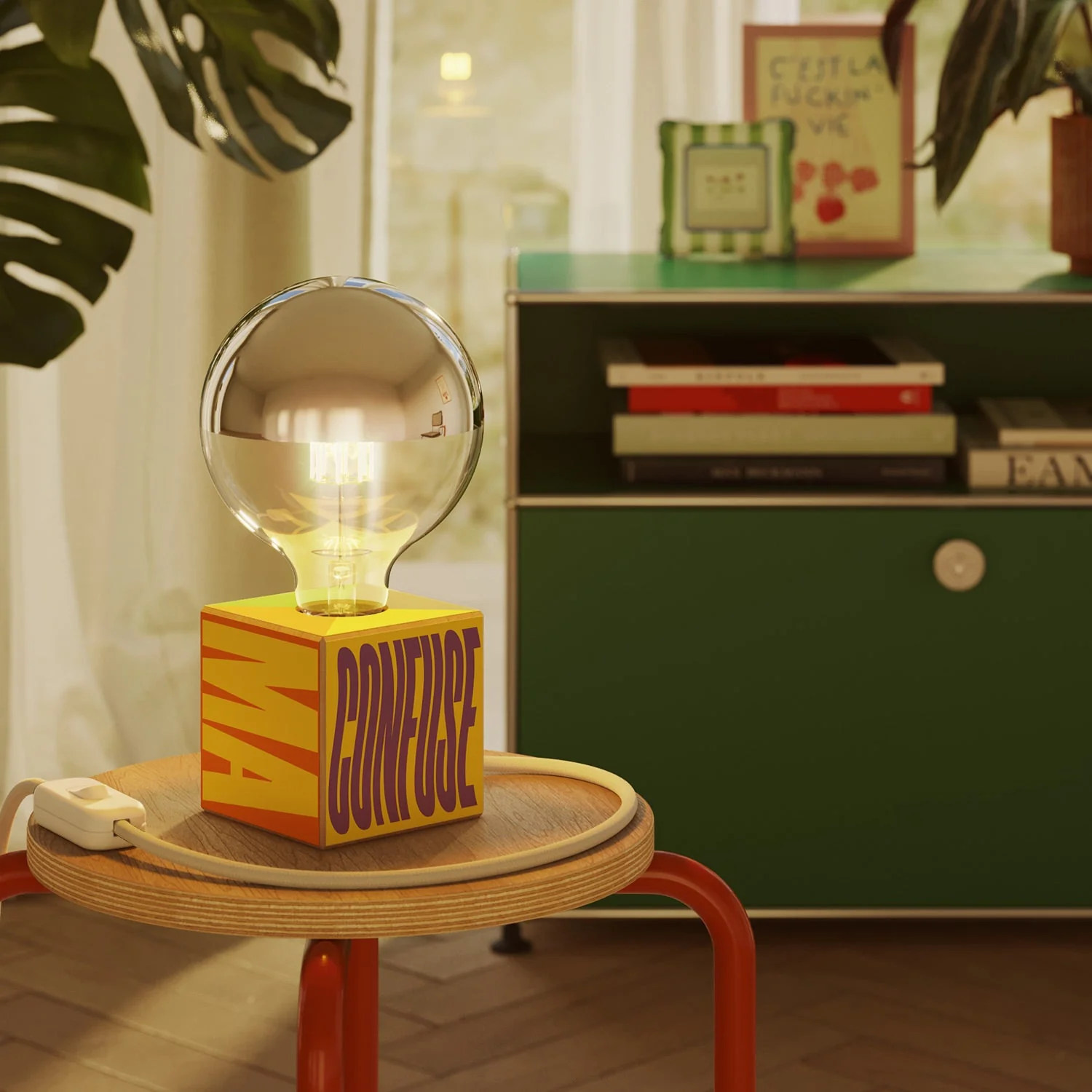 Lampada da tavolo Cubetto "Poche idee ma confuse" con spina inglese e lampadina globo mezza sfera argento - Santomanifesto - Image 2