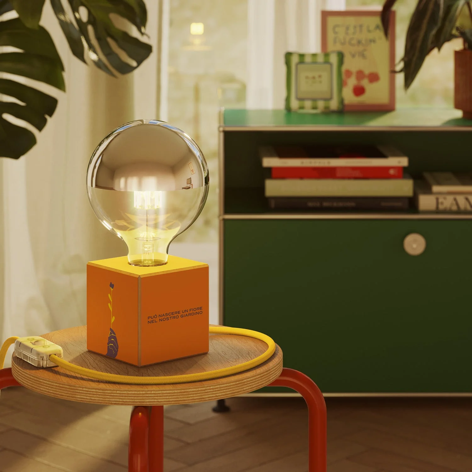 Lampada da tavolo Cubetto "Può nascere un fiore" con lampadina globo mezza sfera argento - Santomanifesto - Image 2