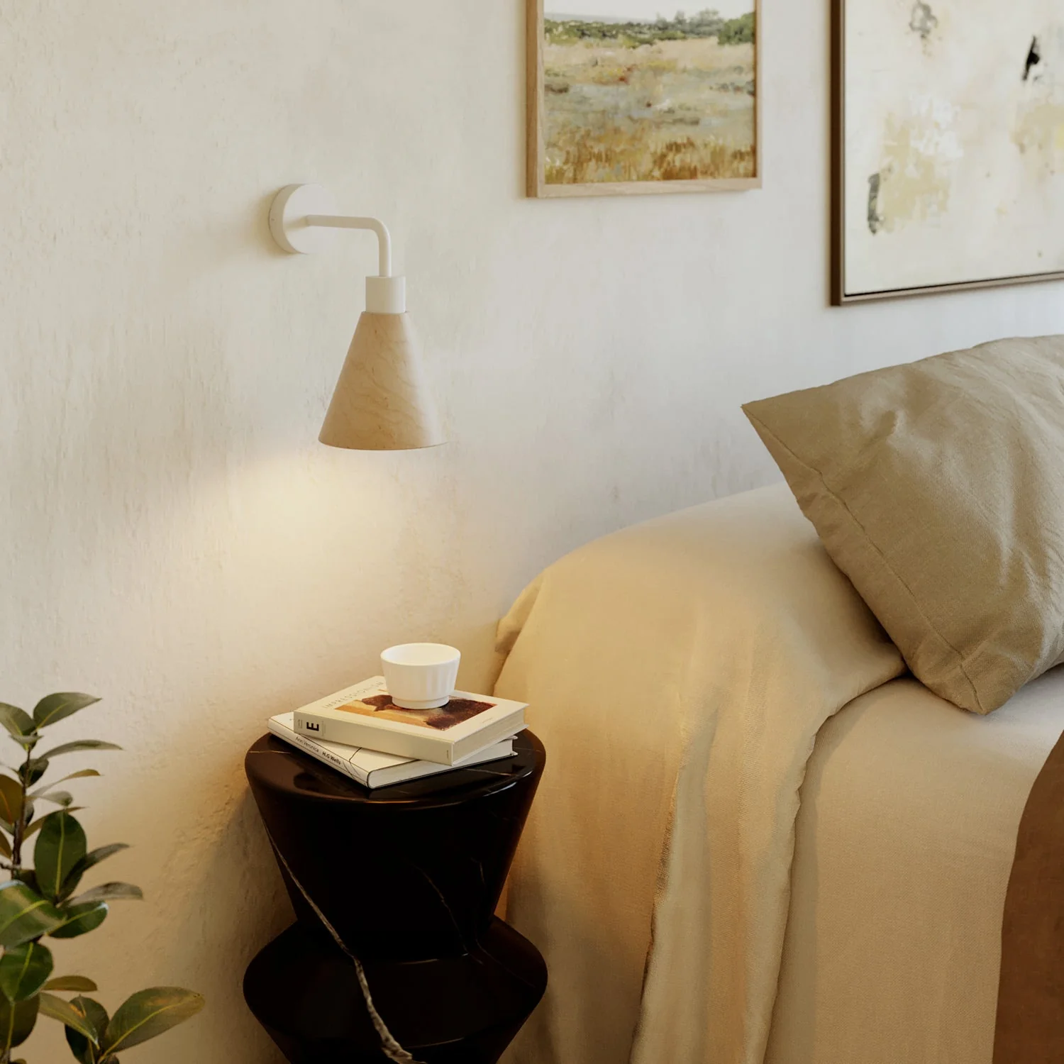 Lampada Fermaluce con paralume conico in legno ed estensione curva - Bianco opaco - Image 2