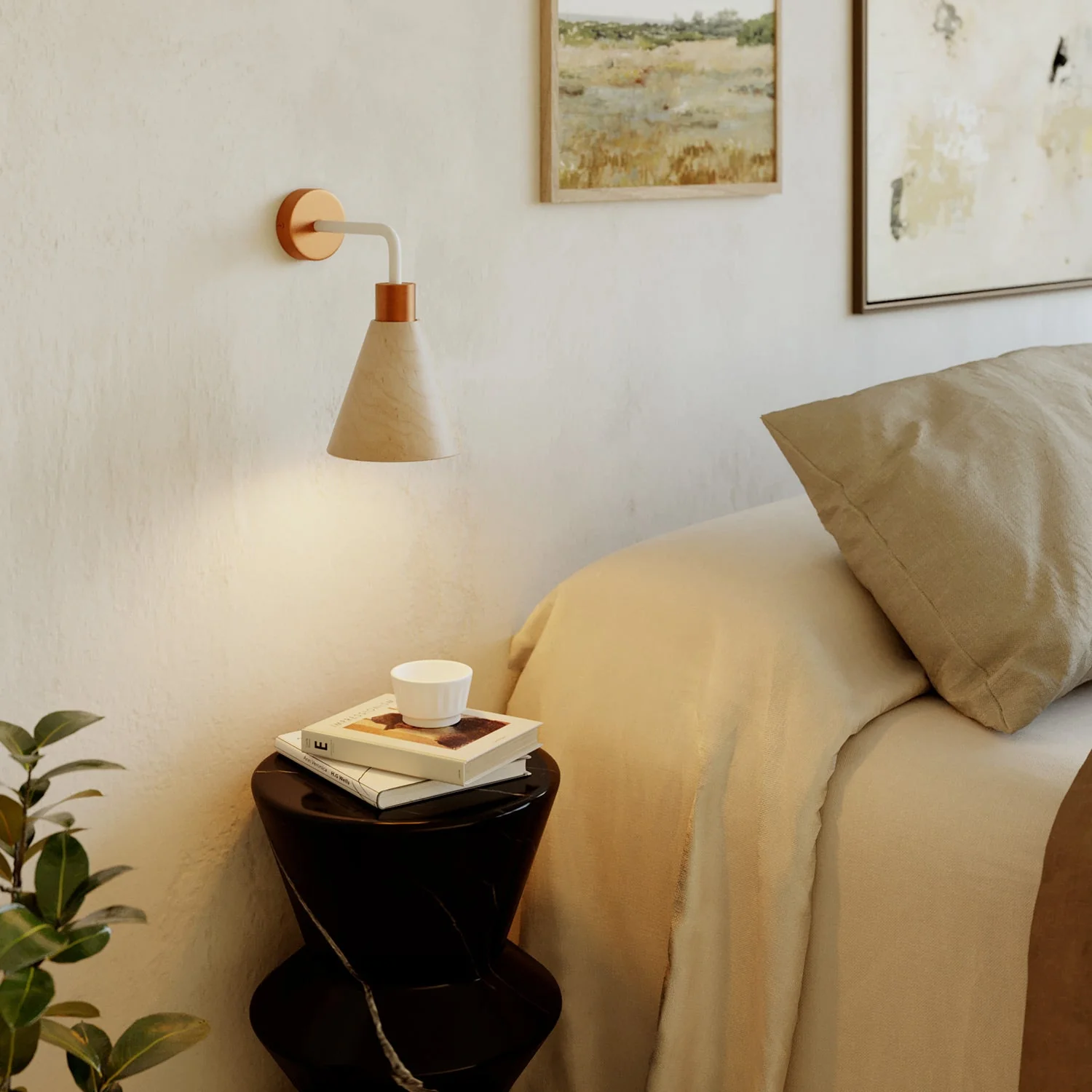 Lampada Fermaluce con paralume conico in legno ed estensione curva - Rame satinato - Image 2
