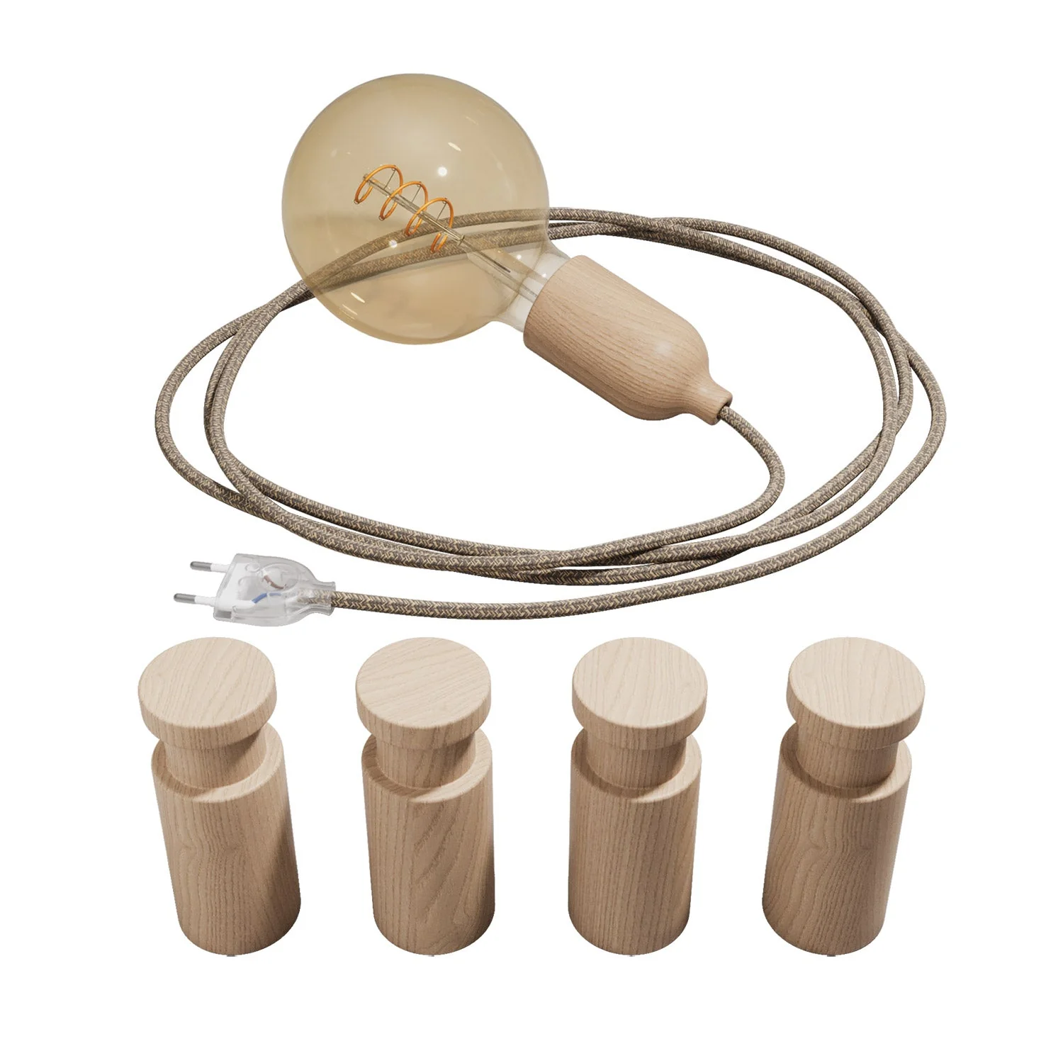 Lampada portatile Snake con portalampada in legno e spina, completa di 4 passacavo in legno Rolé - Neutro - Image 3