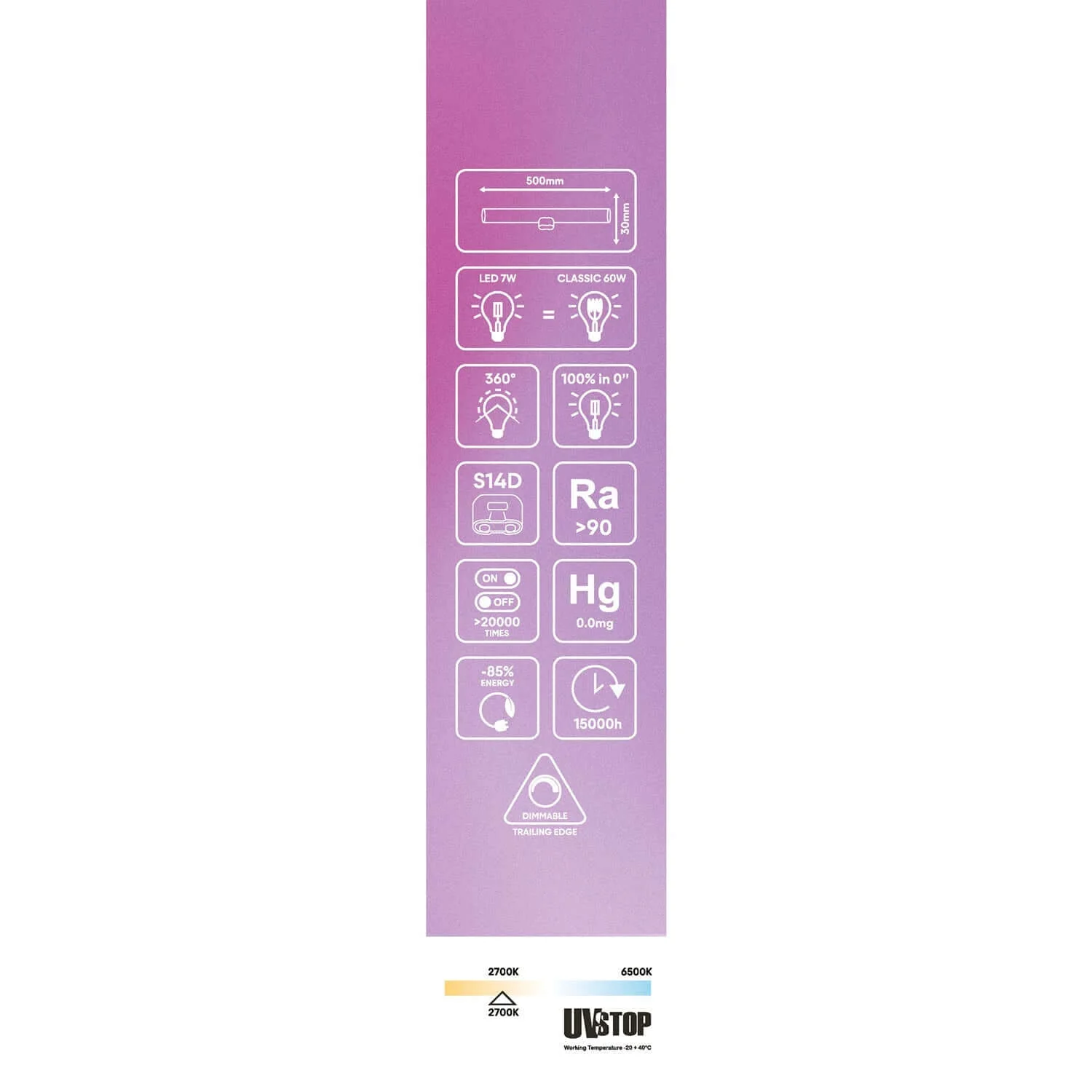 Lampadina LED Trasparente CRI 90 Lineare S14d - lunghezza 500 mm 7W 620Lm 2700K Dimmerabile - S02 - Image 6