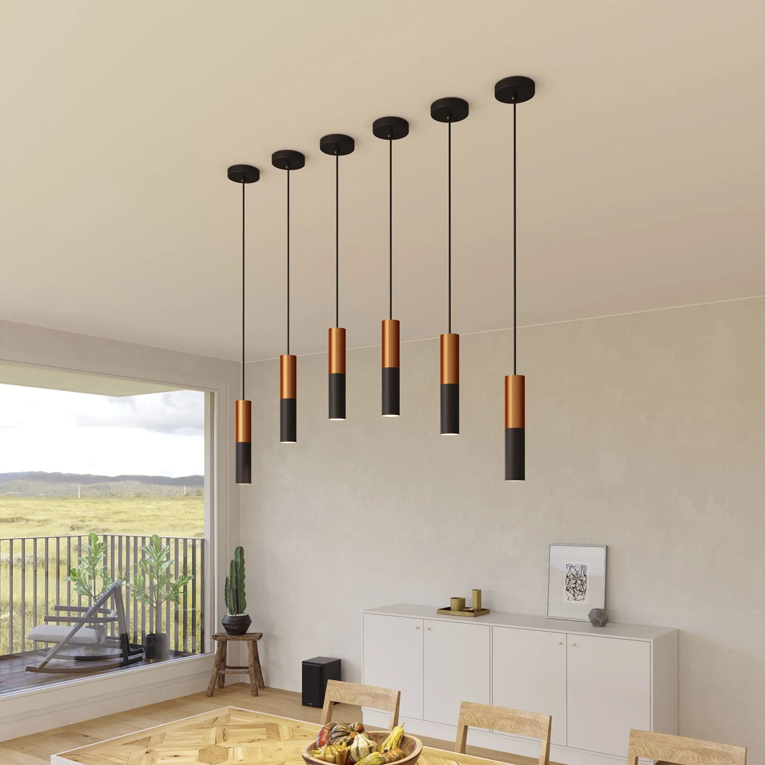 Pendant lamp complete with fabric cable and Tub-E12 double lampshade - Black and Brushed copper - Image 3