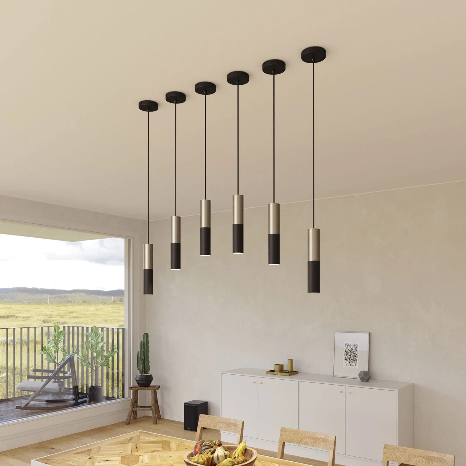 Pendant lamp complete with fabric cable and Tub-E12 double lampshade - Black and Brushed titanium - Image 3