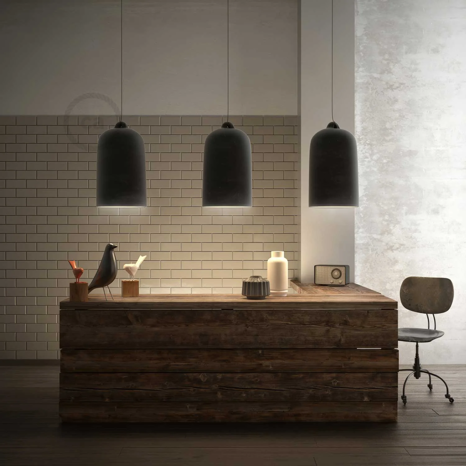 Pendant lamp with textile cable and Bell XL ceramic lampshade - Blackboard - Image 3