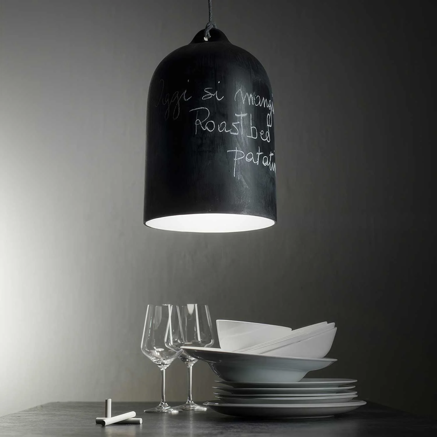 Pendant lamp with textile cable and Bell XL ceramic lampshade - Blackboard - Image 4