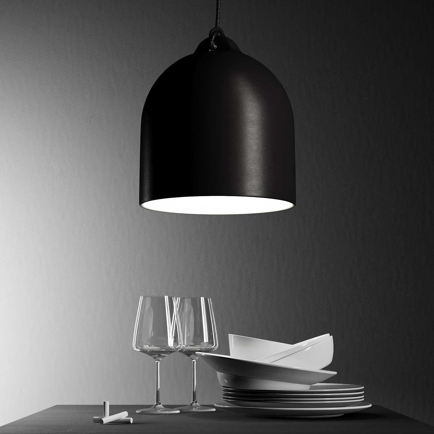 Pendant lamp with textile cable and lampshade Bell M in ceramic - Blackboard - Image 3