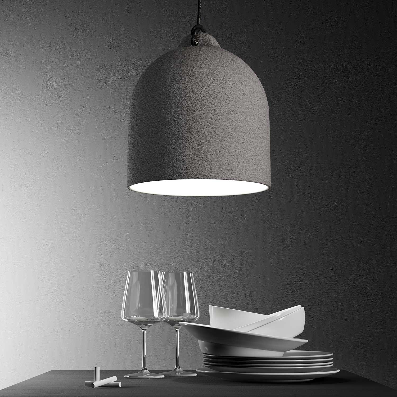 Pendant lamp with textile cable and lampshade Bell M in ceramic - Cement effect - Image 3