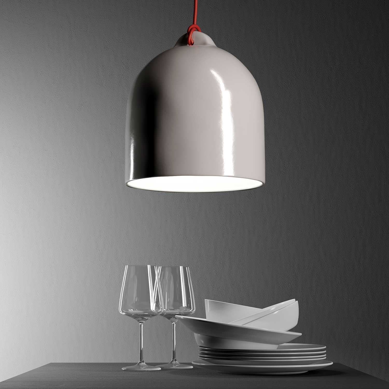 Pendant lamp with textile cable and lampshade Bell M in ceramic - Glossy white - Image 3