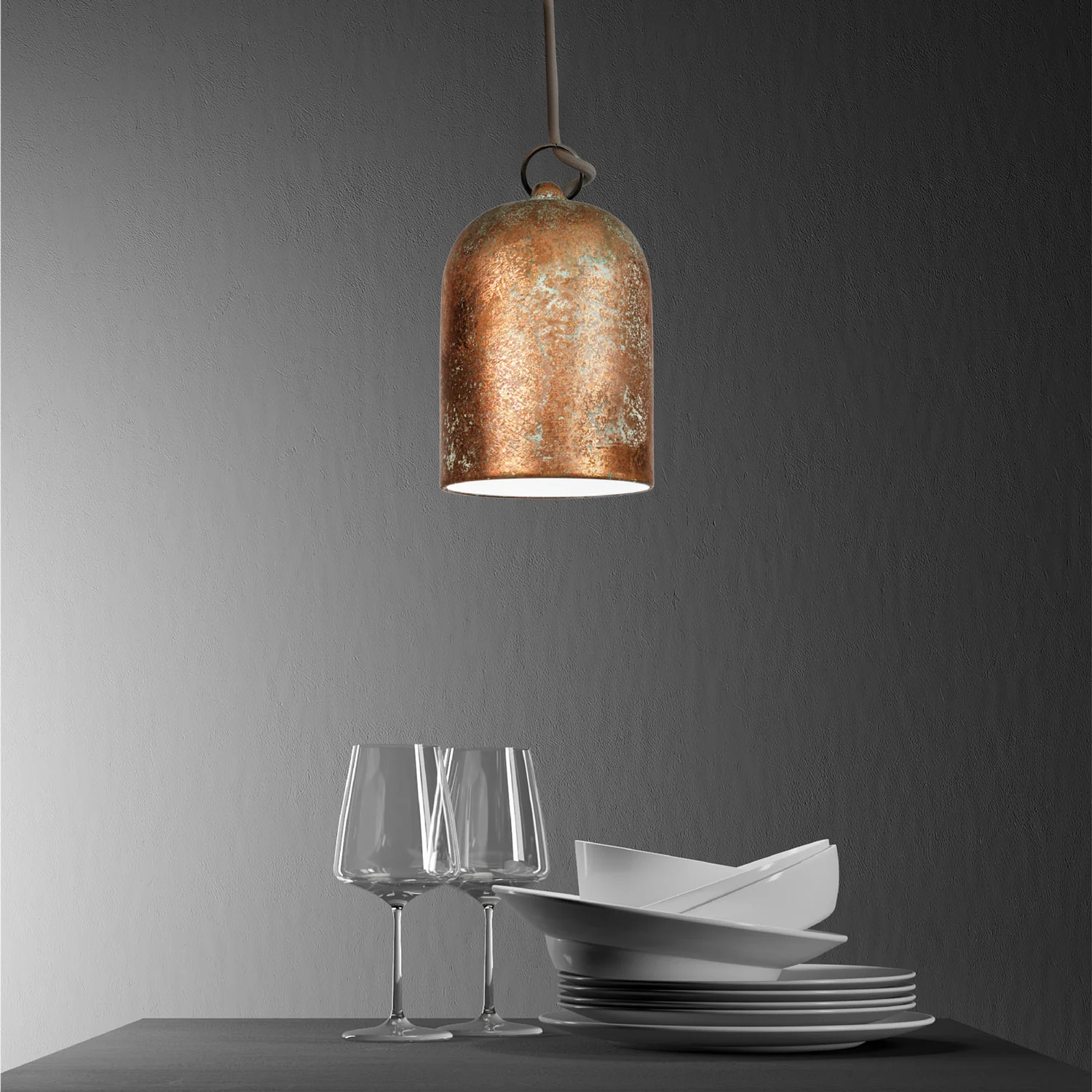 Pendant lamp with textile cable and lampshade Mini Bell XS ceramic shade - Copper green effect - Image 3