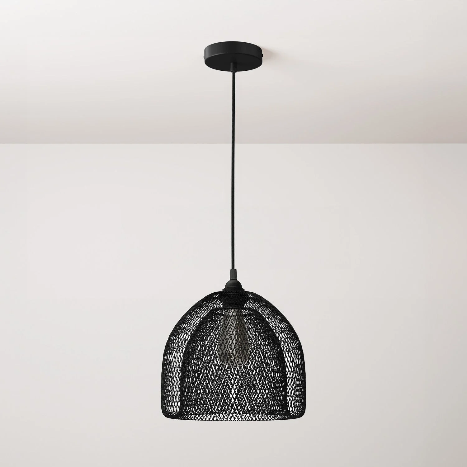 Pendant lamp with textile cable, Ghostbell XL cage lampshade and metal details - Black