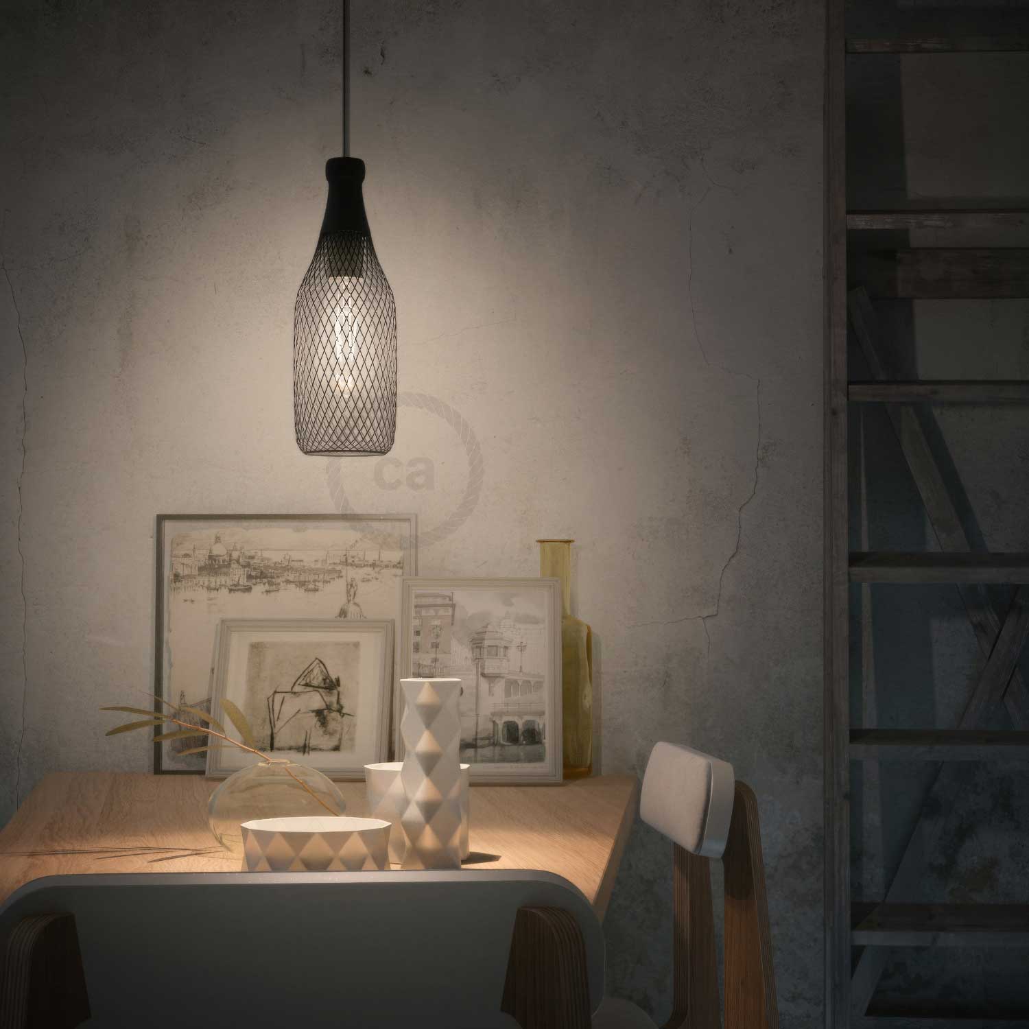 Pendant lamp with textile cable, Magnum bottle lampshade and metal details - Black - Image 2