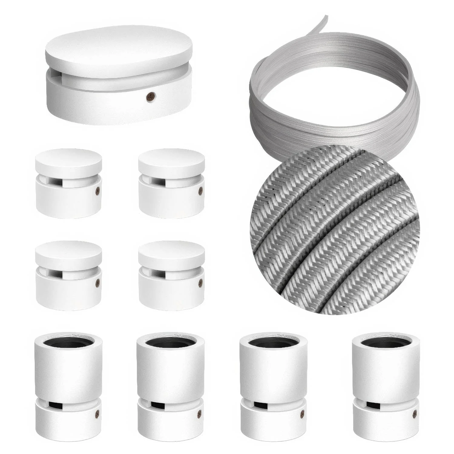 Sistema Filé Symmetric Kit - con cavo CM02 di 5 m per catenaria e 9 componenti in legno verniciato bianco per interni