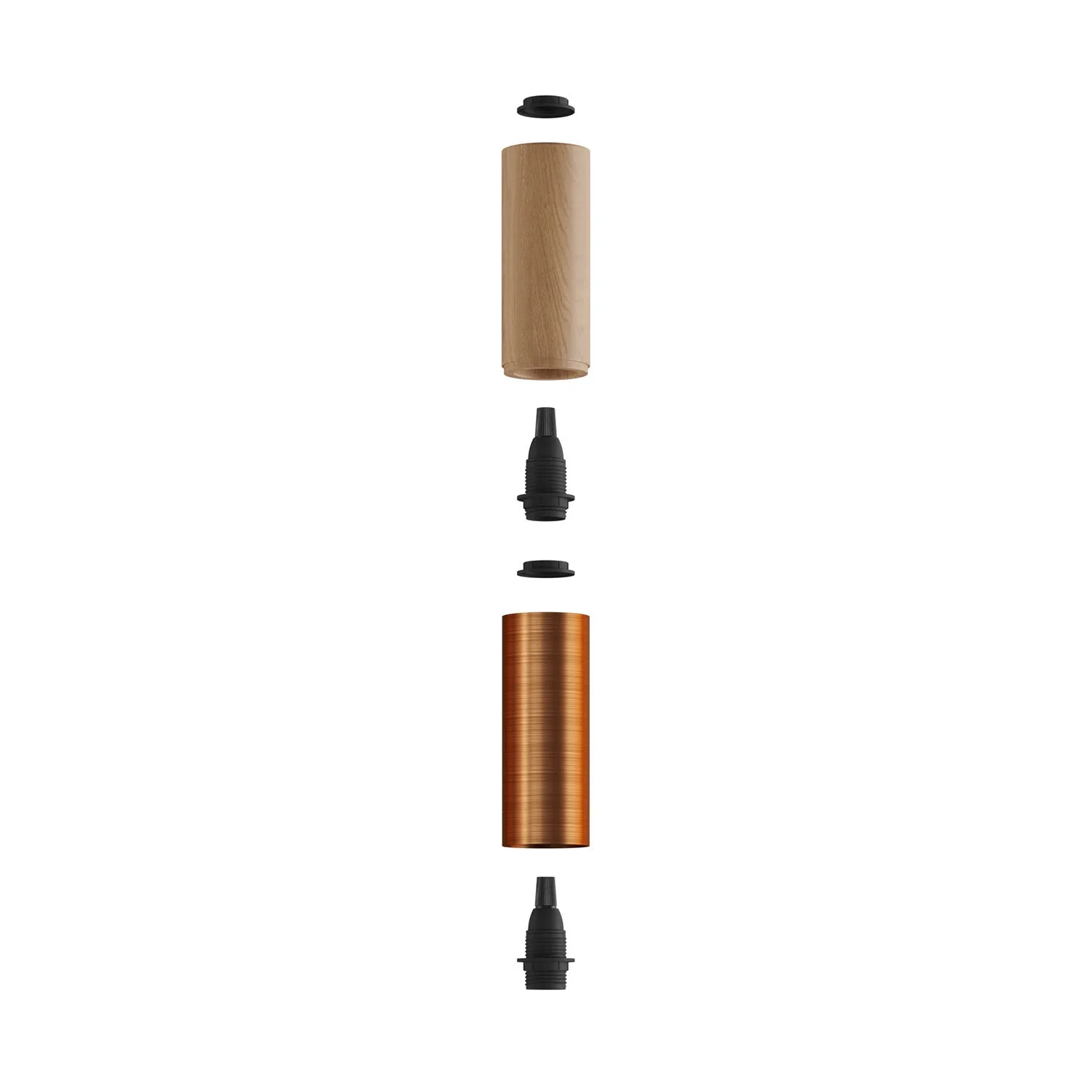 Tub-E14, tubo in legno e metallo per faretto con portalampada doppia ghiera E14 - Neutro e Rame satinato - Image 2
